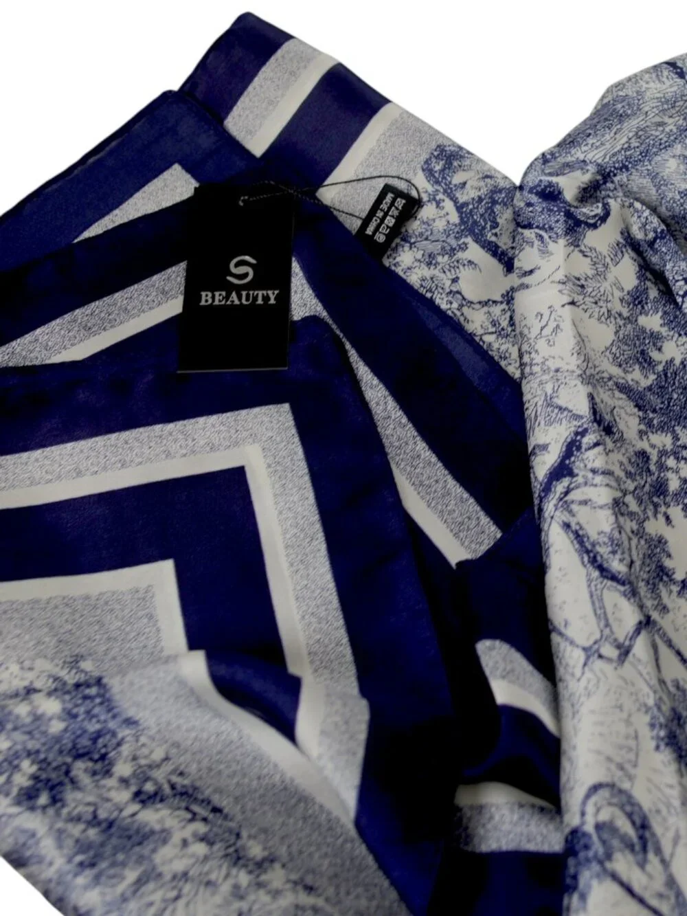 NWT Blue Cream Toile Animal Print Imitation Silk Summer Scarf Wrap Cami